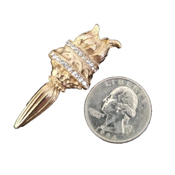 Vintage Gold Tone Brooch Pin, Torch, Rhinestones Embellishments, 2" x .75" - Picture 2 of 5